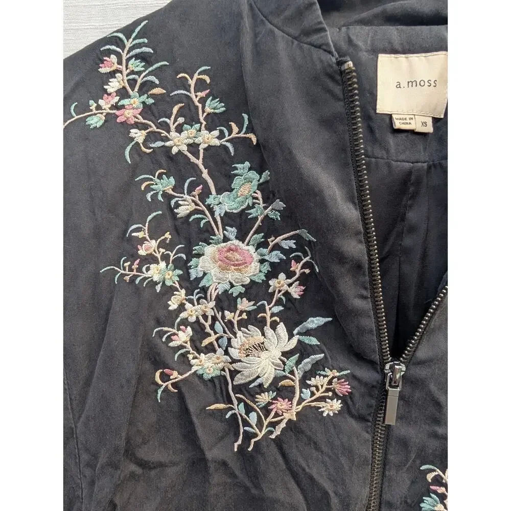 A Moss Womens Full Zip Floral‎ Embroidered Bomber Jacket XS Black Lyocell Blend